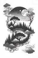 foggy forest with moon and clouds that spiral at the top dog  tattoo design idea