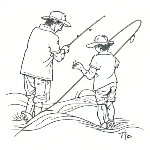 son and father fishing from the back tattoo design idea