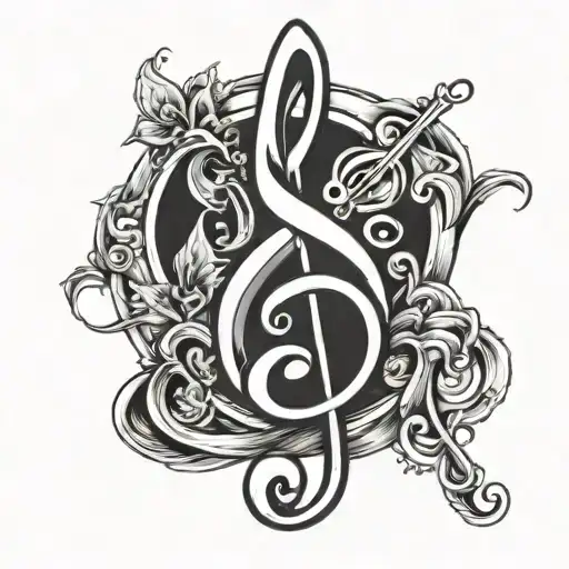 A tattoo design featuring a treble clef intertwined with a group of friends holding hands, symbolizing the importance of music and friendship in your life tattoo design idea