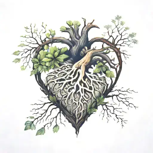A realistc heart that sprouts a blazing tree and it's roots tattoo design idea
