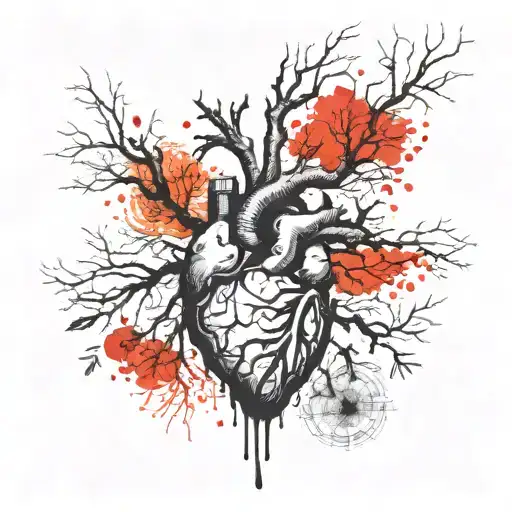A Realistc Heart That Sprouts A Tree that generates fire And It's Roots tattoo design idea