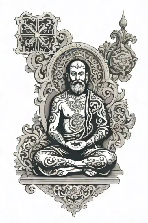 azulejo de portugal and man Meditation scene tattoo design idea