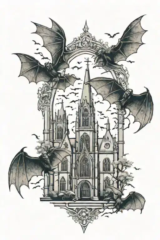 bats, cathedral, crows, gothic, horror movie poster tattoo design idea
