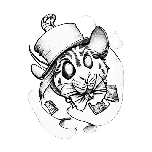 Tattoo, Alice in wonderland theme with mad hatter and Cheshire and the quote “we are all mad here”  tattoo design idea