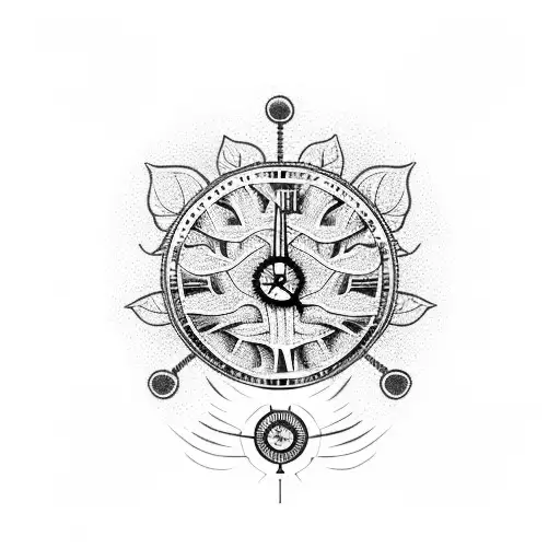A tree of knowledge with clock gears as leaves and philosophical quotes as branches tattoo design idea