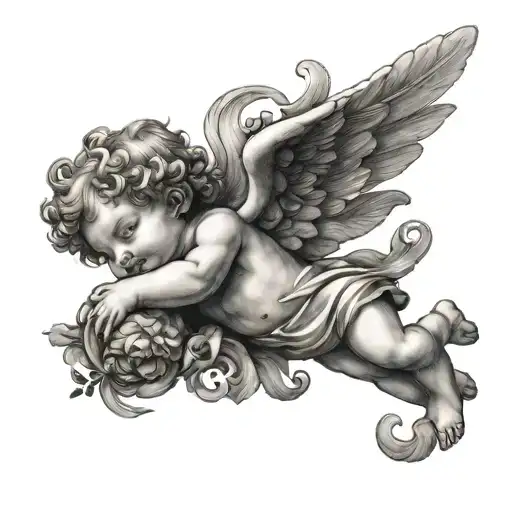 good and eveil cherub flying tattoo design idea