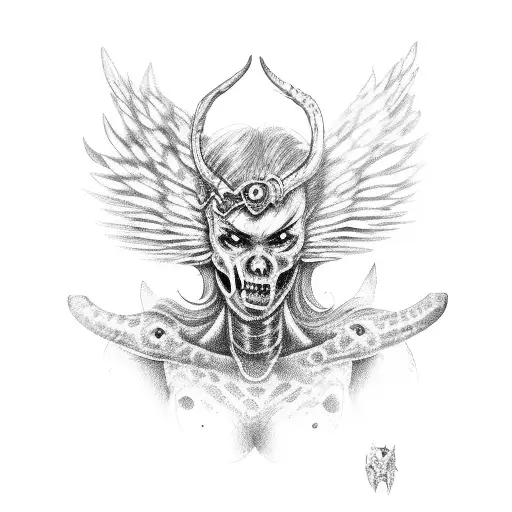 female devil, burnt and scarred skin, white eyes, missing hand replaced with a flail, massive leathery wings tattoo design idea