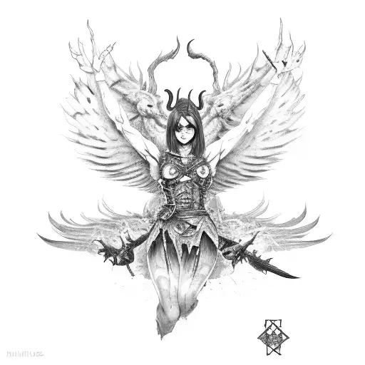 female devil, burnt and scarred skin, white eyes, missing hand replaced with a flail, massive leathery wings tattoo design idea