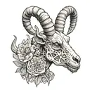 The tattoo features a detailed depiction of a goat skull, intricately designed to capture the essence of Capricorn's str tattoo design idea