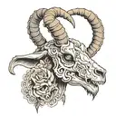 The tattoo features a detailed depiction of a goat skull, intricately designed to capture the essence of Capricorn's str tattoo design idea