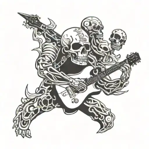 A tattoo of a free man playing a guitar made of bones, with a backdrop of skulls and gothic symbols tattoo design idea