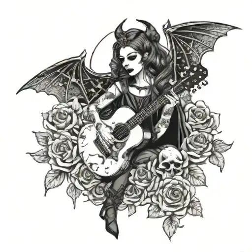 A gothic-inspired tattoo featuring a woman playing a guitar with bat wings, surrounded by skulls and roses tattoo design idea