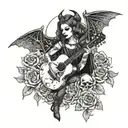 A gothic-inspired tattoo featuring a woman playing a guitar with bat wings, surrounded by skulls and roses tattoo design idea