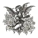 A gothic-inspired tattoo featuring a woman playing a guitar with bat wings, surrounded by skulls and roses tattoo design idea