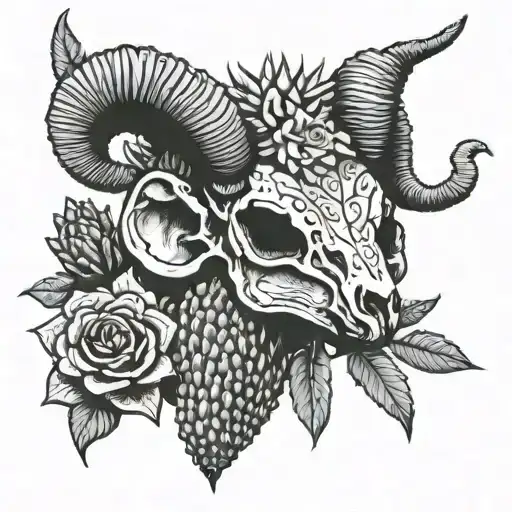 ram skull and cactus tattoo design idea