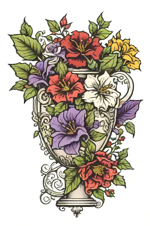 two handled vase with a single violet, single rose, single morning glory, single marigold, poinsettia on a holly leaf  tattoo design idea
