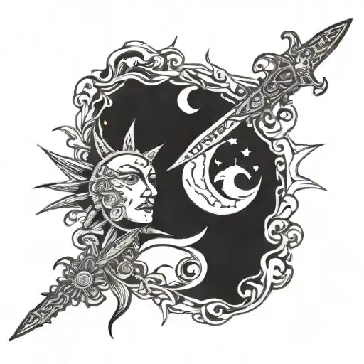 sun and moon with sword tattoo design idea