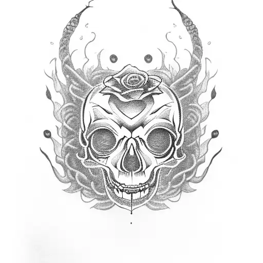 upper arm sleeve of a roaring bear with glowing eyes enshrouded in flames and a skull with a snake and roses tattoo design idea