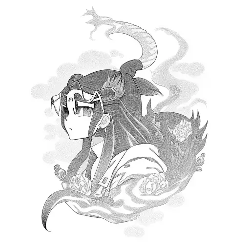 Nezuko in Demon slayer with dragon and flowers tattoo design idea