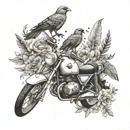 An intricate tattoo design inspired by the client's love for traveling, incorporating a BMW motorcycle surrounded by various bird species symbolizing freedom and exploration tattoo design idea
