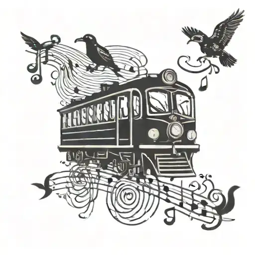 A blackwork tattoo of a train conductor surrounded by musical notes and birds tattoo design idea