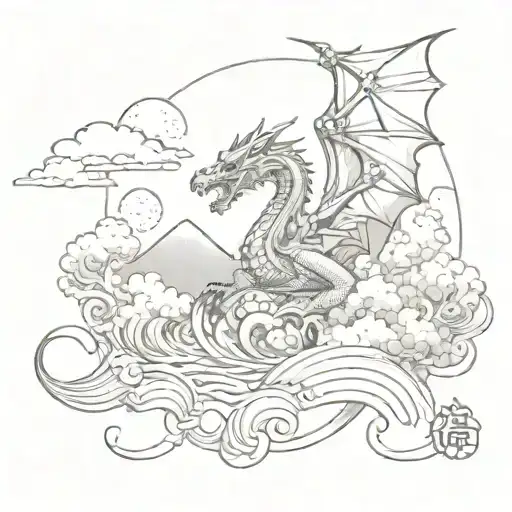 A Japanese-inspired tattoo of a serene nature scene with a dragon soaring through the sky, symbolizing the client's passion for Japanese art and dragons tattoo design idea