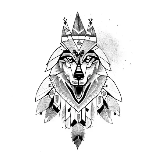 wolf face mixed with indian hat tattoo design idea