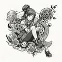 A worker girl with anime-inspired features surrounded by Japanese symbols and music notes tattoo design idea
