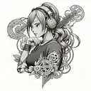 A worker girl with anime-inspired features surrounded by Japanese symbols and music notes tattoo design idea