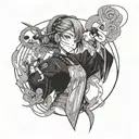 A worker girl with anime-inspired features surrounded by Japanese symbols and music notes tattoo design idea