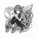 A worker girl with anime-inspired features surrounded by Japanese symbols and music notes tattoo design idea