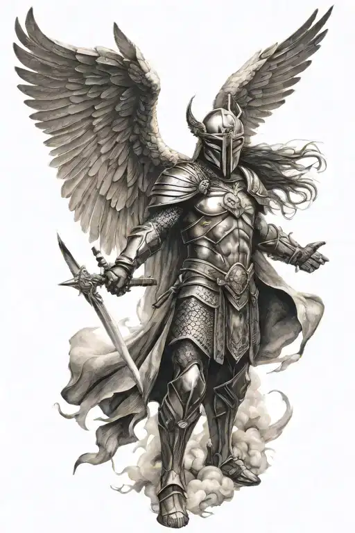 winged warrior with background tattoo design idea