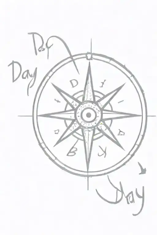 A minimalist tattoo of a compass with the words 'day by day' around it, representing the client's philosophy of living life one day at a time tattoo design idea