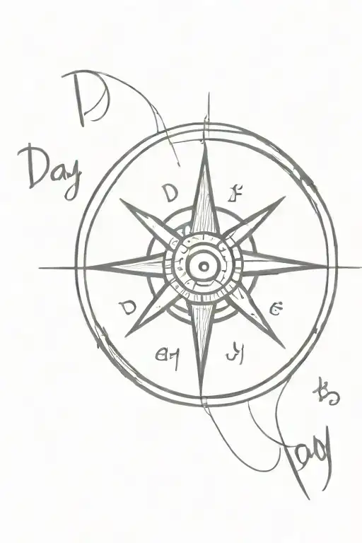 A minimalist tattoo of a compass with the words 'day by day' around it, representing the client's philosophy of living life one day at a time tattoo design idea