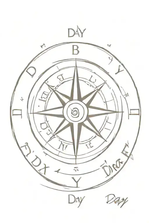 A minimalist tattoo of a compass with the words 'day by day' around it, representing the client's philosophy of living life one day at a time tattoo design idea
