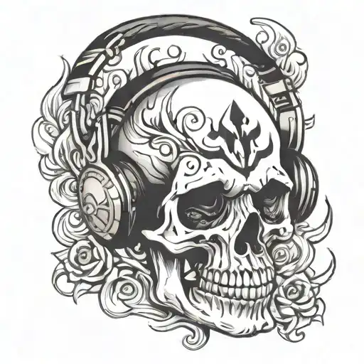 burning church skull wearing headphones tattoo design idea