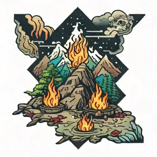colorfull camp fire, mountain peaks tattoo design idea