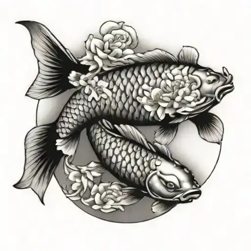 Japanese bicep and shouder koi with floweres  tattoo design idea