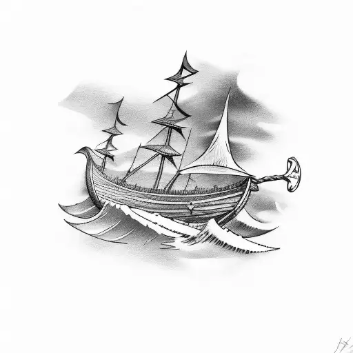 Viking ship sailing through a stormy sea tattoo design idea