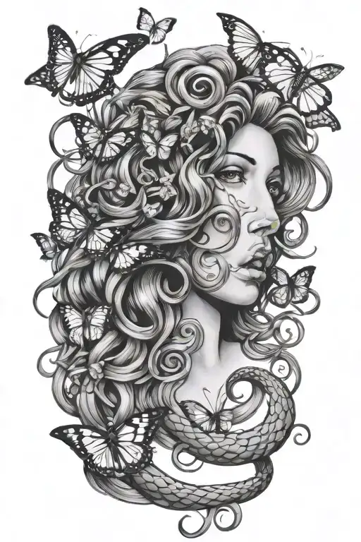 medusa snake hair surrounded by butterflies fluttering tattoo design idea