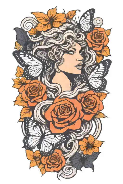 medusa snake hair surrounded by butterflies fluttering tattoo design idea