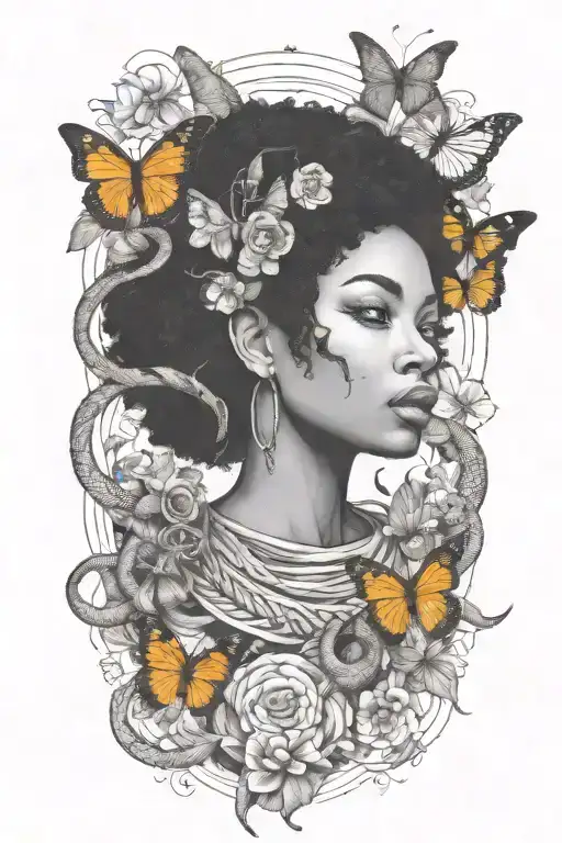 afro woman surrounded by snakes and butterflies tattoo design idea