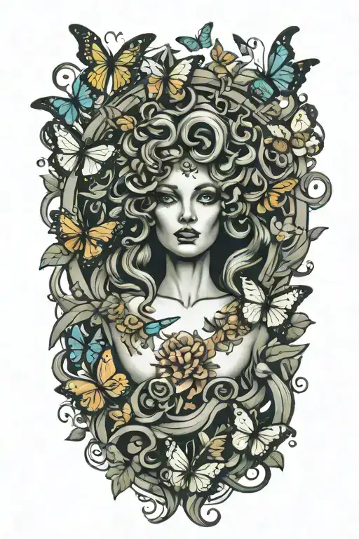 medusa surrounded by butterflies fluttering tattoo design idea