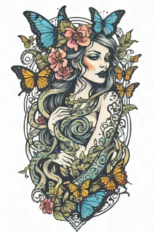 woman surrounded by snakes and butterflies tattoo design idea