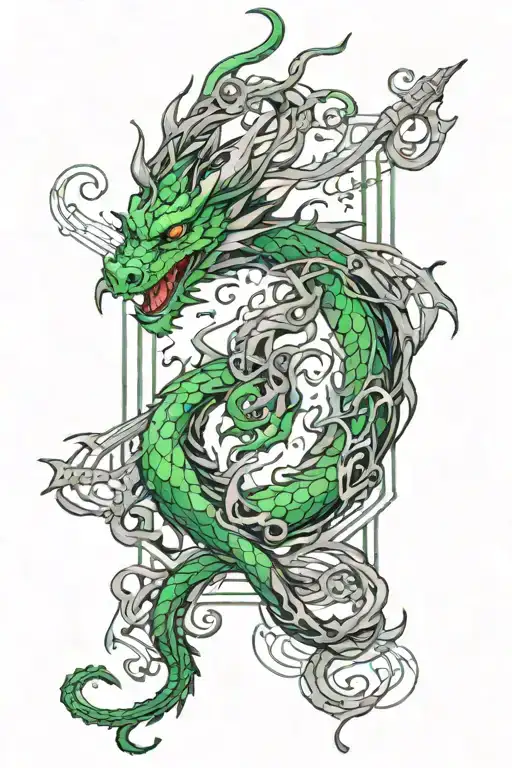 Create a tattoo of a green dragon intertwined with musical staffs and notes in an anime-inspired style tattoo design idea