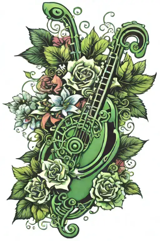 Create a tattoo featuring a green musical note surrounded by anime-inspired flowers and vines tattoo design idea