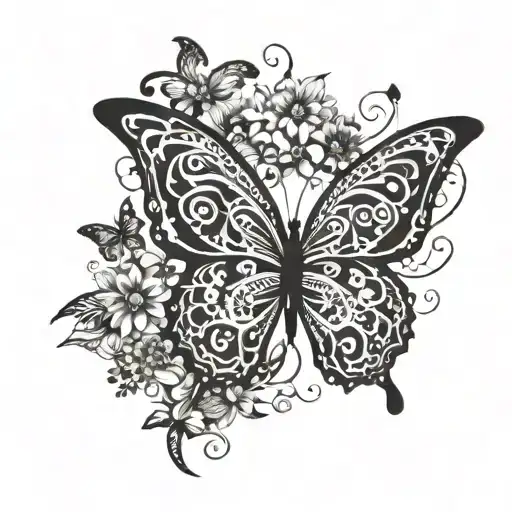 butterfly with one blacked out wing and one wing made of flowers  tattoo design idea