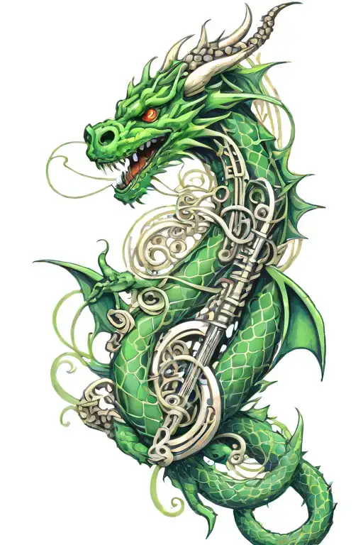 Create a tattoo of a green dragon intertwined with musical staffs and notes in an anime-inspired style tattoo design idea