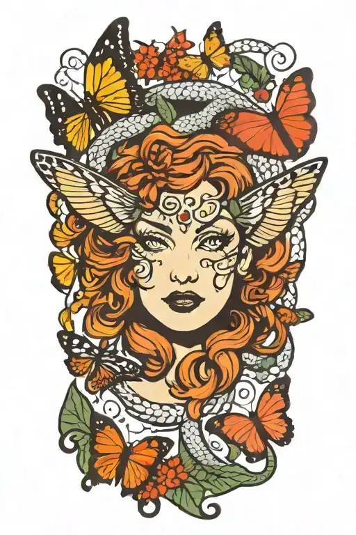 medusa snake hair surrounded by butterflies fluttering tattoo design idea