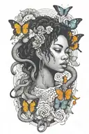 afro woman surrounded by snakes and butterflies tattoo design idea